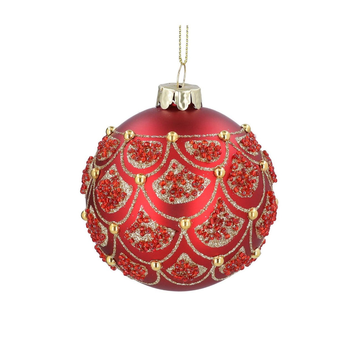 Gisela Graham Red & Gold Scallops Christmas Glass Bauble brings elegant festive charm to your tree. This hand-crafted ornament features a stunning scallop pattern in rich red and gold tones, perfect for adding a touch of sophistication to your holiday display.