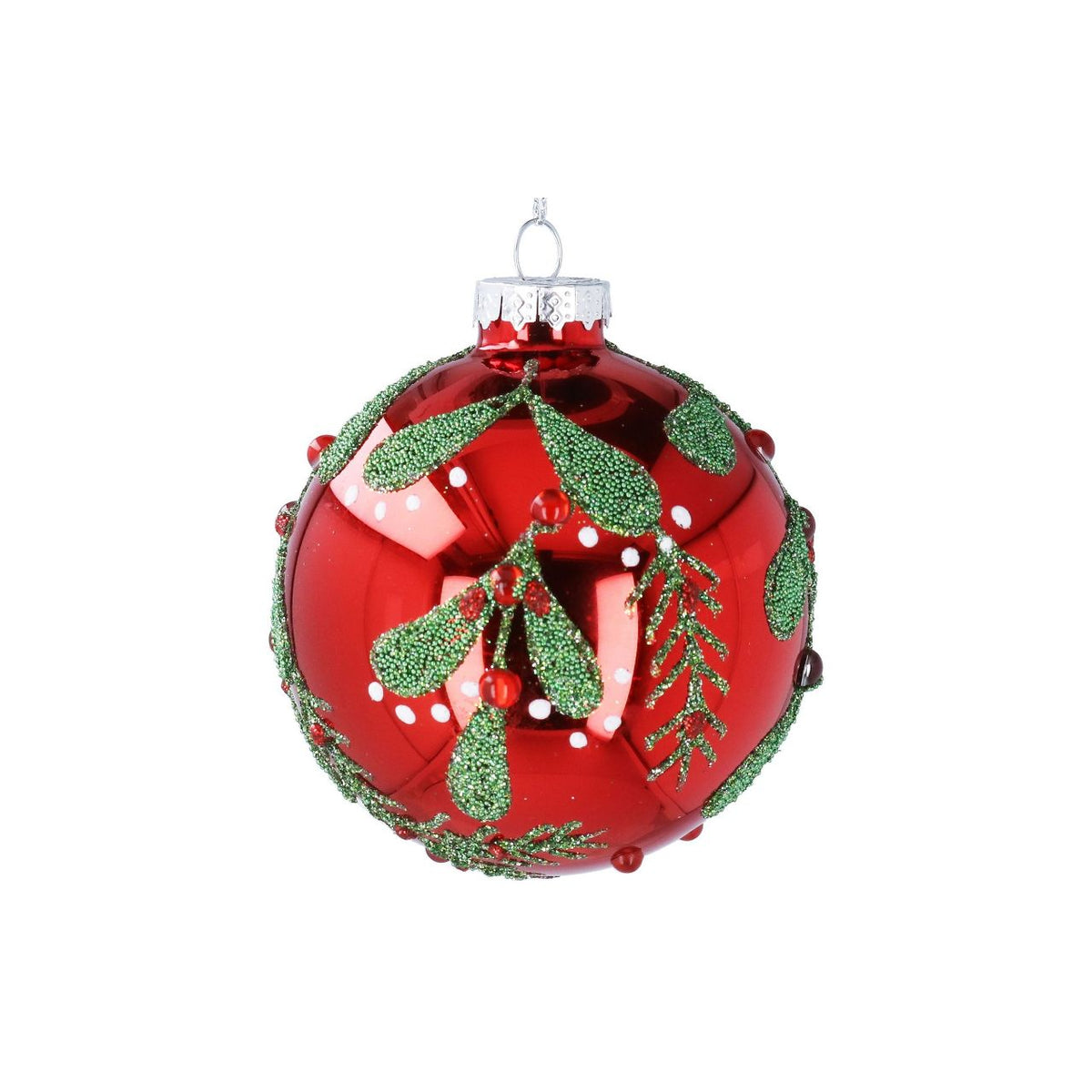 Elevate your festive décor with this elegant Gisela Graham Christmas bauble. Featuring a striking red mirrored finish complemented by delicate beaded green vine detailing, this hand-crafted ornament brings sophisticated holiday charm to any tree.
