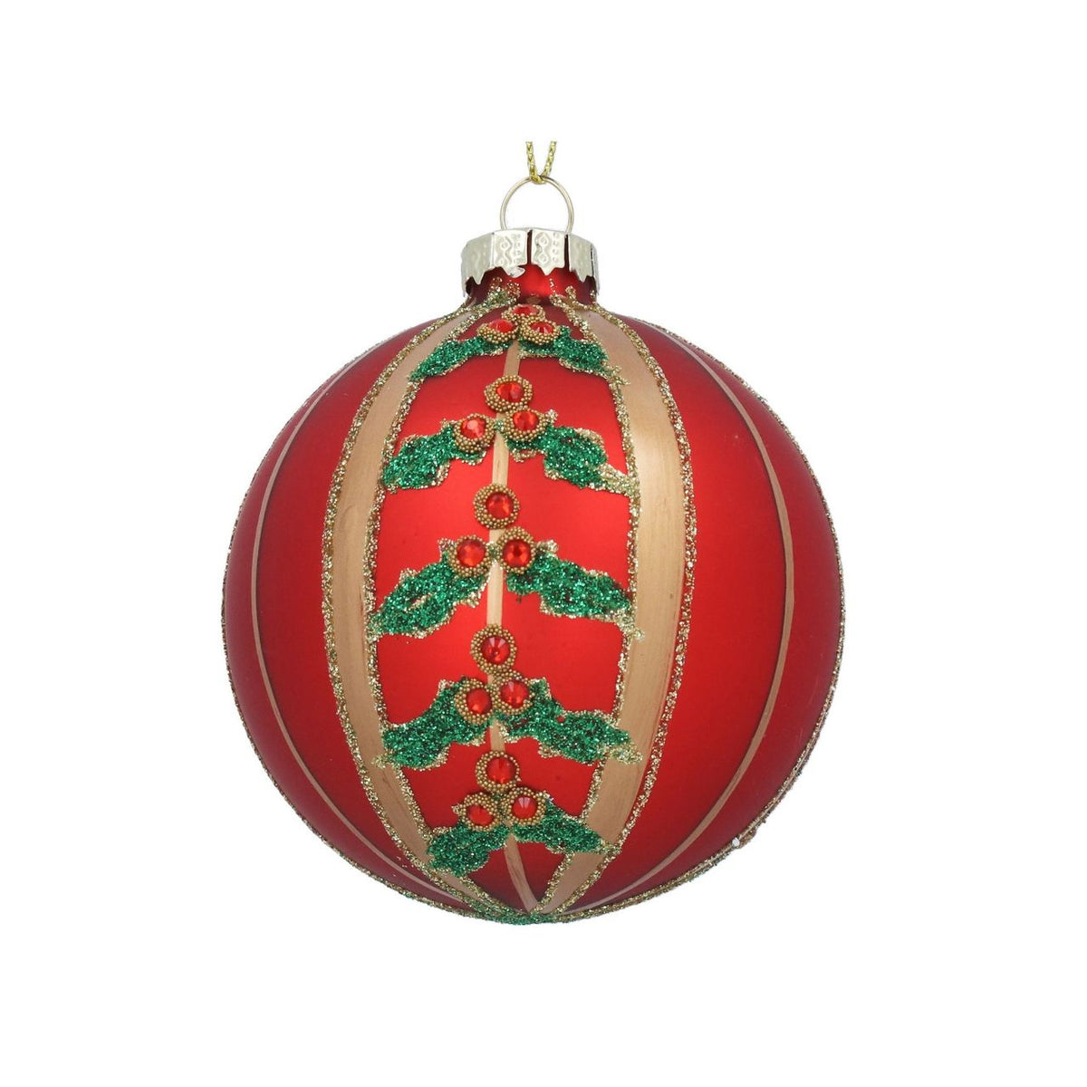 Elevate your holiday décor with this stunning Gisela Graham glass bauble, featuring rich red tones complemented by delicate gold stripes and sprigs. Hand-finished and crafted from premium glass with shimmering glitter accents, this ornament brings timeless elegance to any Christmas tree.
