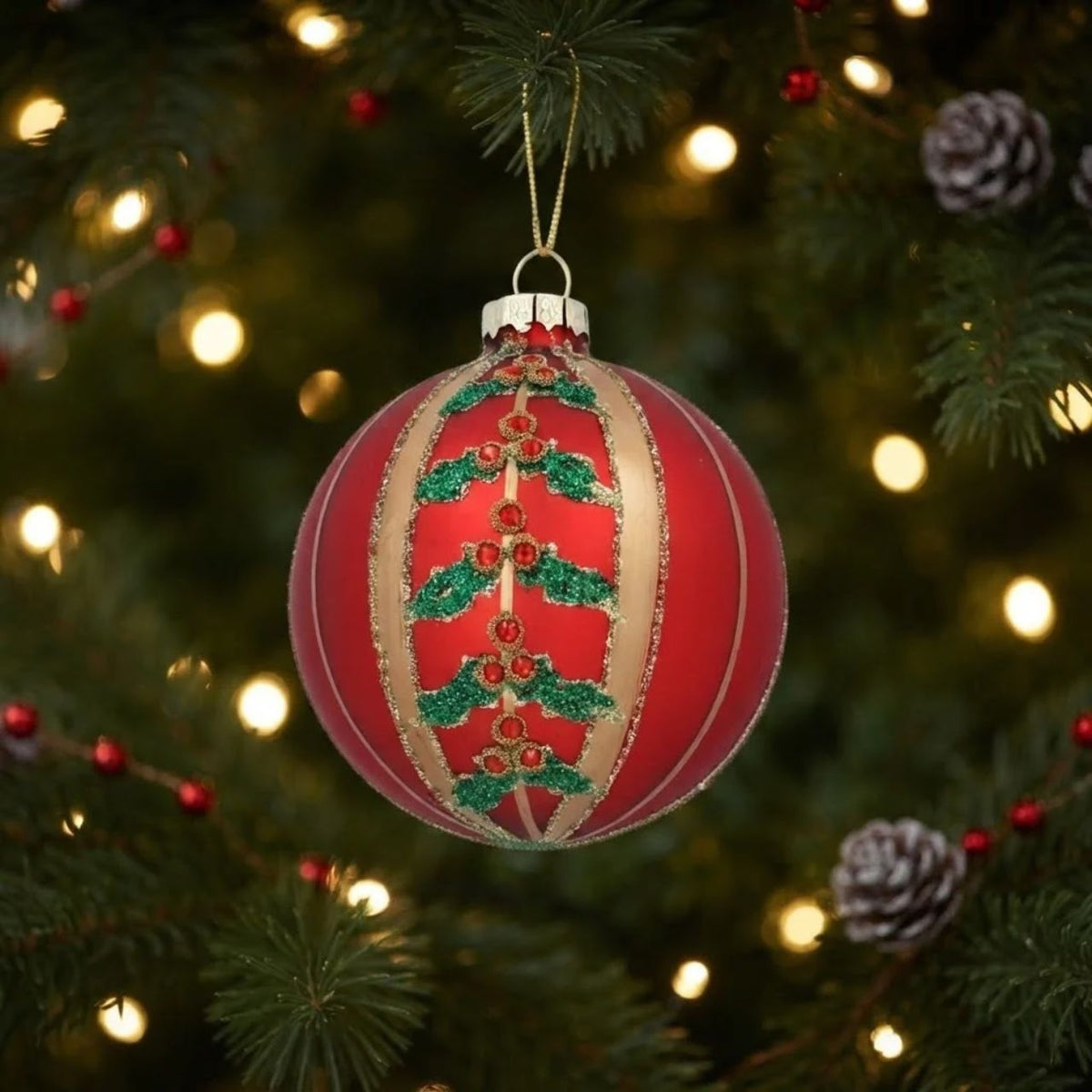 Elevate your holiday décor with this stunning Gisela Graham glass bauble, featuring rich red tones complemented by delicate gold stripes and sprigs. Hand-finished and crafted from premium glass with shimmering glitter accents, this ornament brings timeless elegance to any Christmas tree.