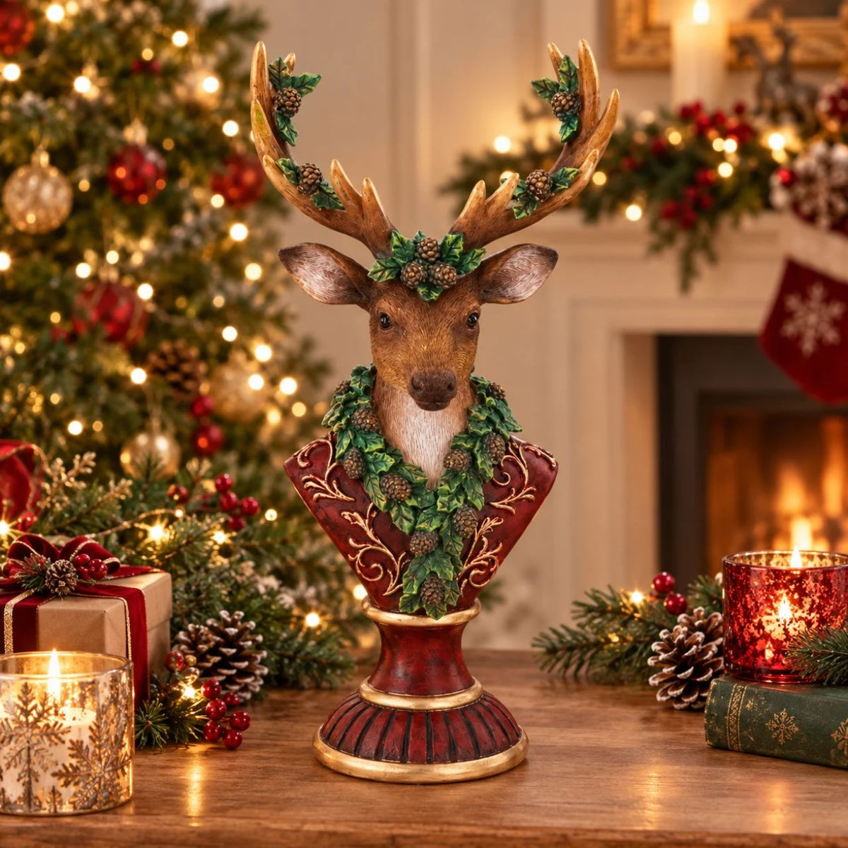 Gisela Graham Reindeer Bust with Leaf Garland brings festive elegance to your seasonal décor. This striking 33cm resin sculpture features a beautifully detailed reindeer bust adorned with a delicate leaf garland, perfect for mantels, shelves, or entryway displays during the holiday season.