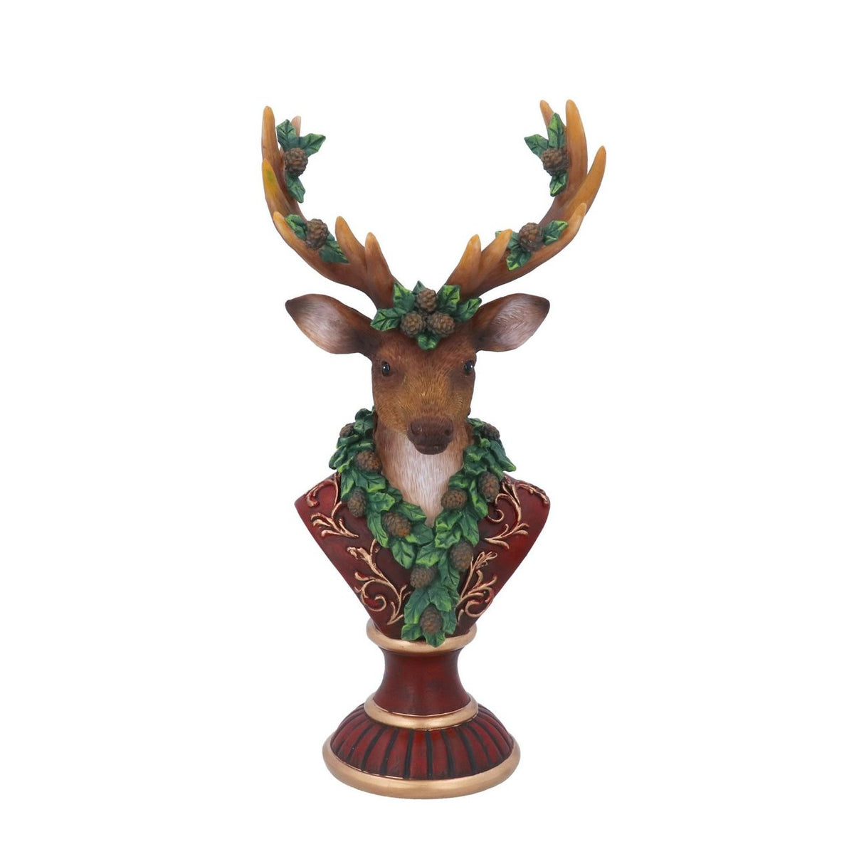 Gisela Graham Reindeer Bust with Leaf Garland brings festive elegance to your seasonal décor. This striking 33cm resin sculpture features a beautifully detailed reindeer bust adorned with a delicate leaf garland, perfect for mantels, shelves, or entryway displays during the holiday season.
