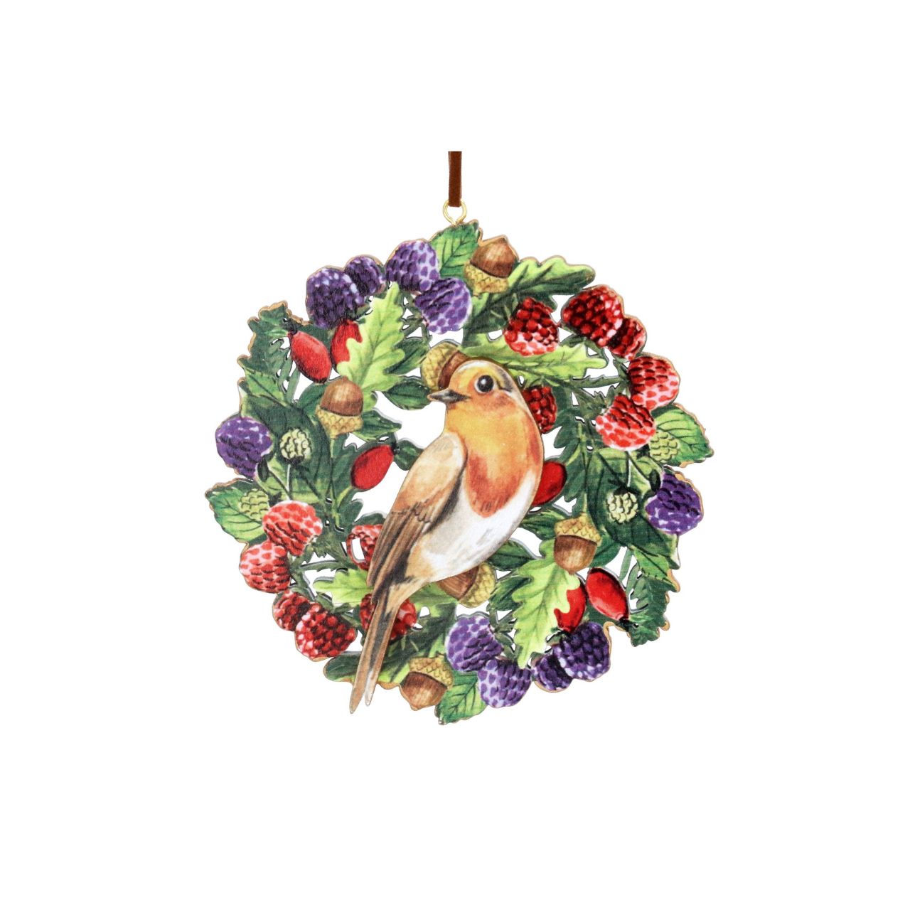 Celebrate the festive season with the Gisela Graham Robin &amp; Berries Disc Christmas Hanging Decoration. Crafted from natural wood, this elegant ornament features a charming robin surrounded by vibrant red berries, bringing a timeless and refined touch to your holiday décor. 