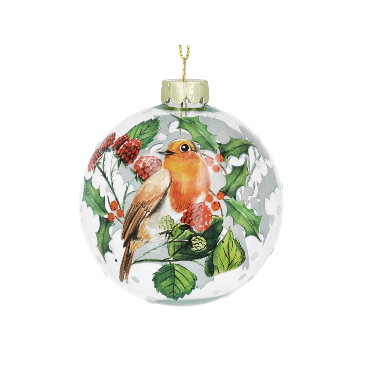 Elevate your festive décor with the Gisela Graham Robin &amp; Holly with Fruit Clear Christmas Bauble. This delicately crafted ornament features a charming robin perched amidst holly leaves and vibrant fruit, encased in a clear, glossy bauble.