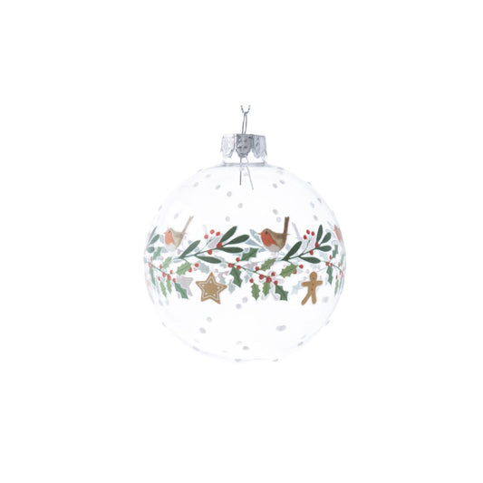 Celebrate the festive season with the Gisela Graham Robin &amp; Holly Wreath Clear Christmas Bauble. Delicately crafted, this elegant bauble features a charming robin nestled within a classic holly wreath, adding a refined touch to your holiday décor.