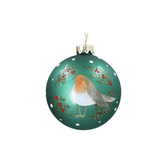 Gisela Graham Robin with Berry Sprigs Green Christmas Glass Bauble brings festive charm to your tree. This hand-finished ornament features a detailed robin perched among delicate berry sprigs in rich green tones, capturing the beauty of winter wildlife.
