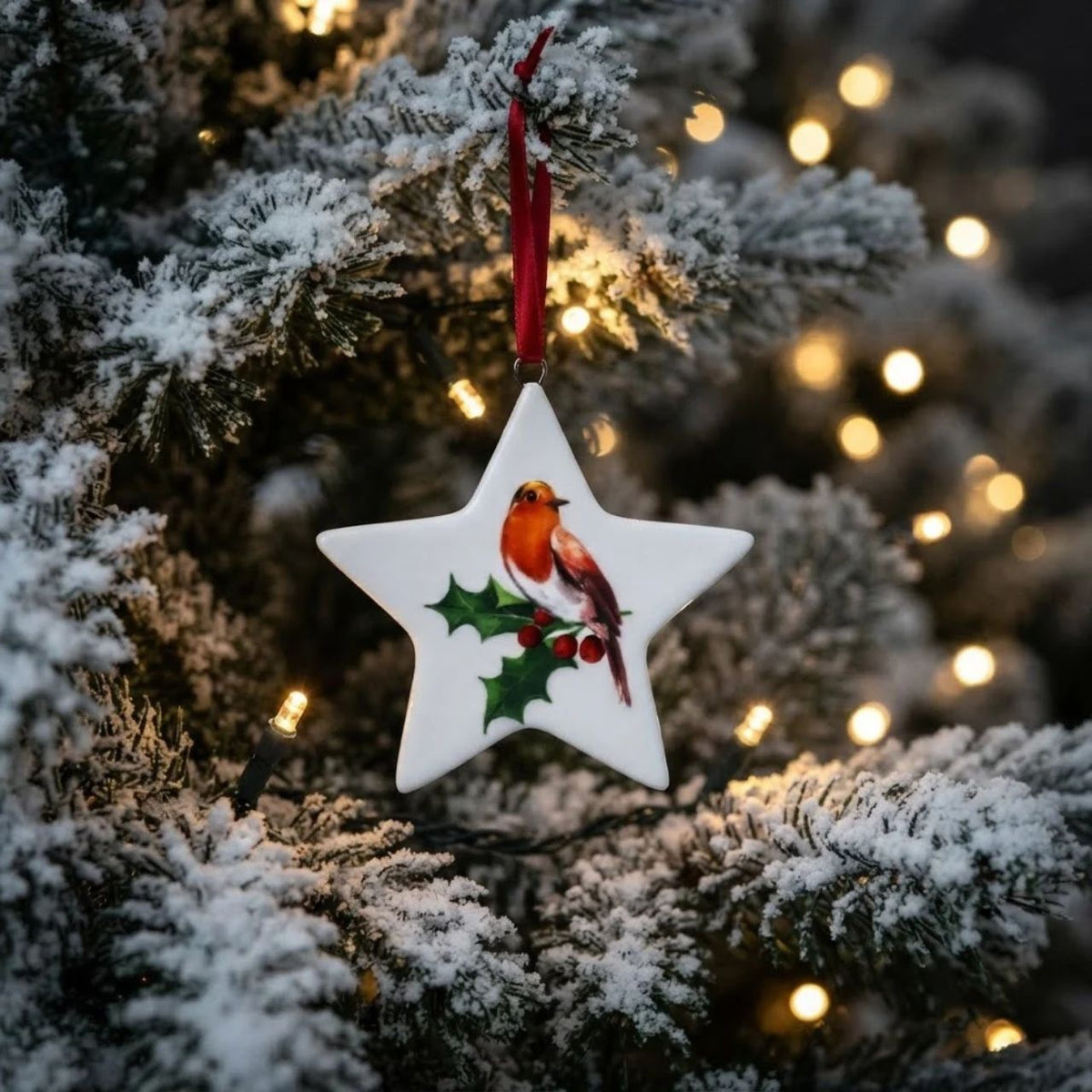 Elevate your holiday décor with the Gisela Graham Robin on Holly Christmas Hanging Ornament. This finely crafted piece features a delicate robin perched amidst vibrant holly leaves and berries, adding a touch of natural elegance to your Christmas tree.