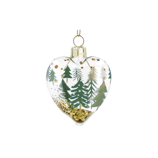 Elevate your holiday decor with the Gisela Graham Trees &amp; Conifers Clear Heart Christmas Bauble. Crafted with delicate artistry, its transparent heart design delicately encases an elegant forest motif, bringing a refined natural charm to your tree.