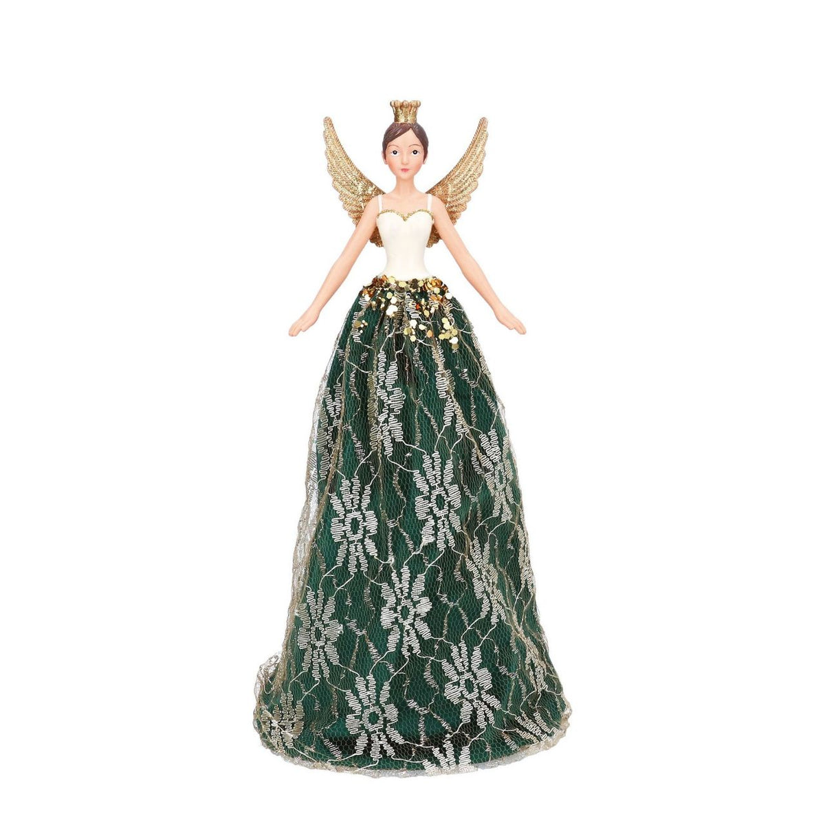 Add an elegant touch to your festive display with this stunning Gisela Graham Velvet Lace Fairy Tree Topper. Crafted with luxurious velvet and delicate lace detailing, this enchanting fairy figure features rich green and gold tones that complement any holiday décor scheme.