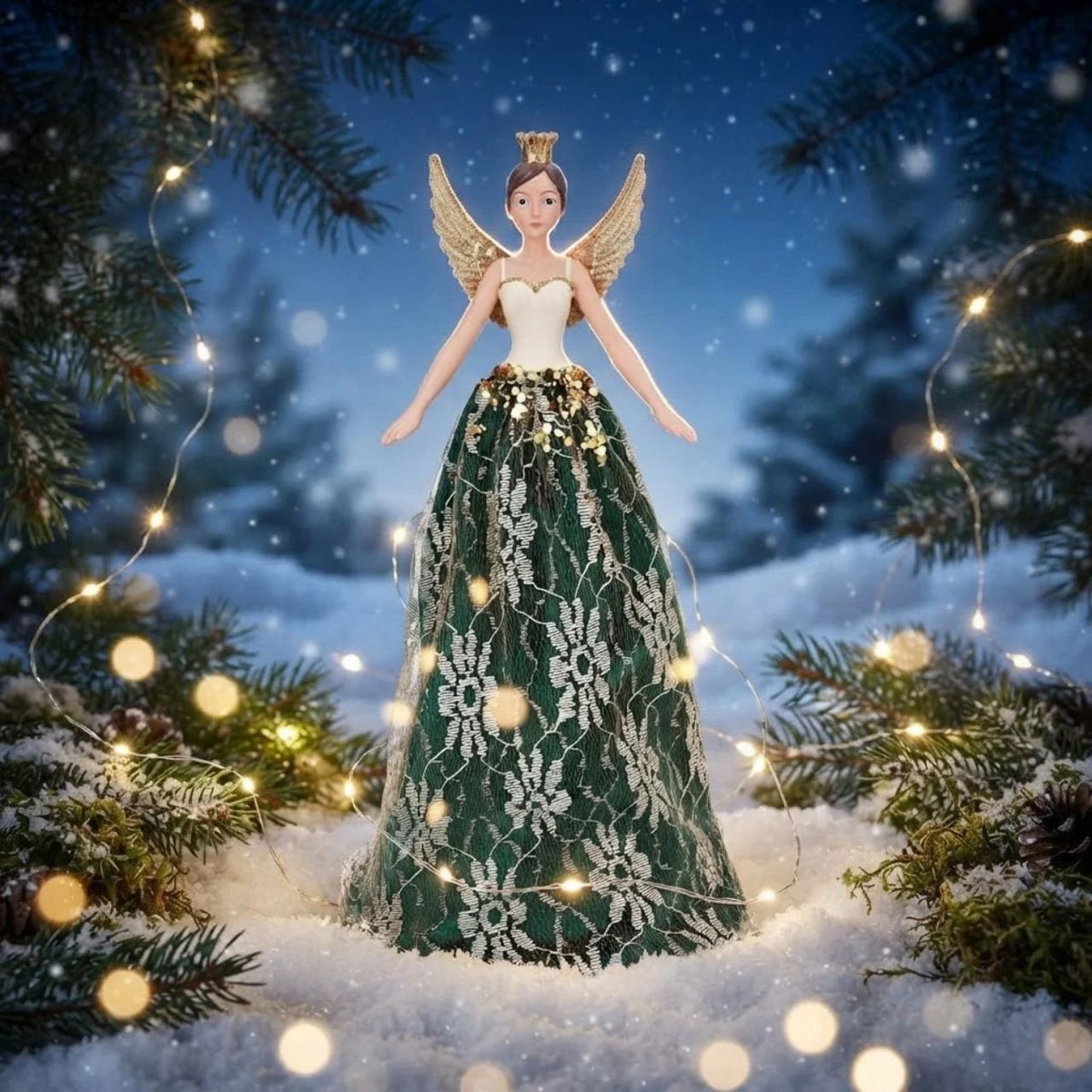 Add an elegant touch to your festive display with this stunning Gisela Graham Velvet Lace Fairy Tree Topper. Crafted with luxurious velvet and delicate lace detailing, this enchanting fairy figure features rich green and gold tones that complement any holiday décor scheme.