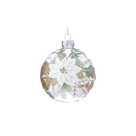 Elevate your festive décor with this stunning Gisela Graham White Poinsettia Spray Clear Glass Bauble. Featuring white poinsettia detailing against pristine clear glass, this 8cm ornament captures the elegance of the holiday season.