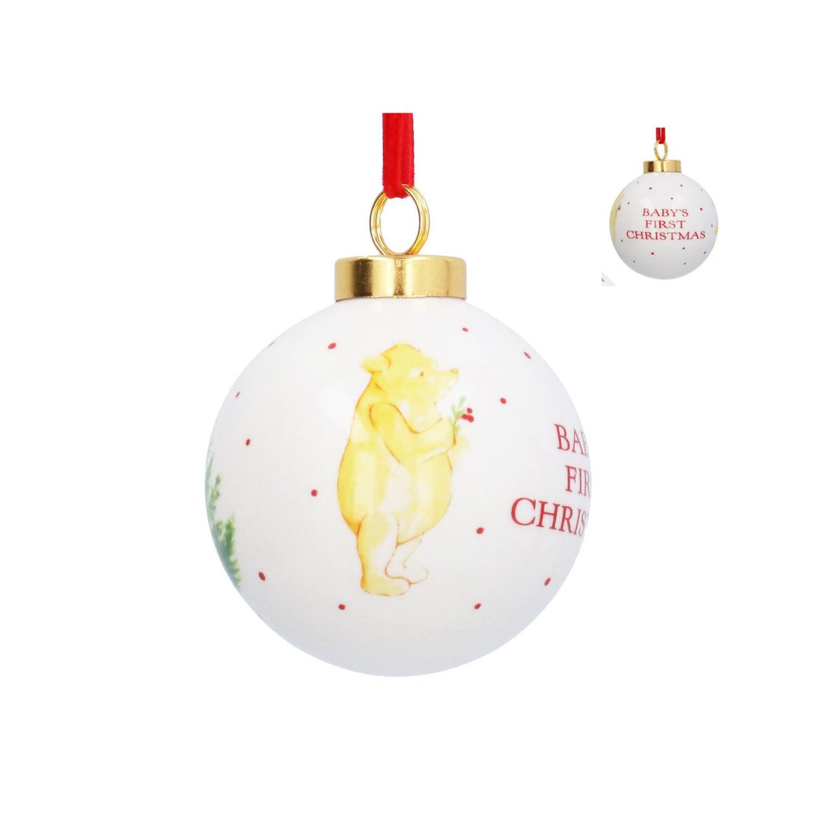 Celebrate baby's first Christmas with this charming Winnie-the-Pooh ceramic bauble from Gisela Graham. Featuring the beloved character in festive detail, this keepsake ornament is crafted from durable dolomite and measures 6 cm.