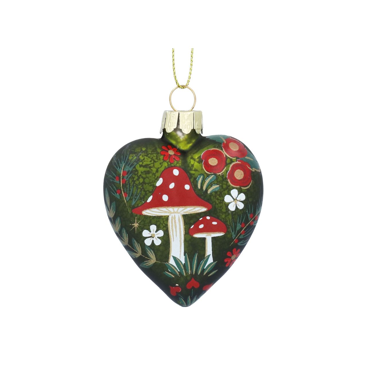 Elevate your holiday decor with the Gisela Graham Glass Antique Green Heart Christmas Bauble. Featuring a delicate moss green heart adorned with charming toadstools, this elegant ornament adds a refined touch of nature-inspired beauty to your tree.