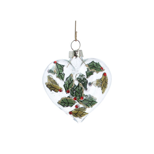 Gisela Graham Clear Glass Heart With Diamante Holly Christmas Hanging Ornament  This stylish holiday ornament is made of clear glass and adorned with elegant diamante holly. Perfect for hanging on your tree, this beautiful glass heart decoration will bring a chic festive touch to your home.