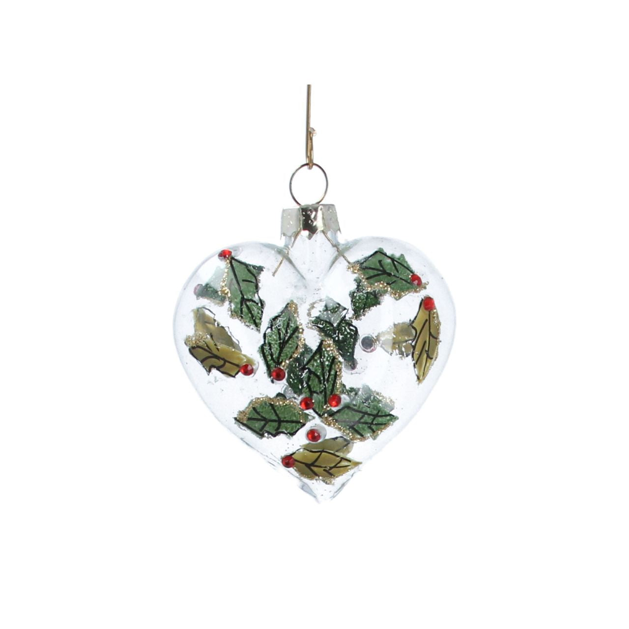 Gisela Graham Clear Glass Heart With Diamante Holly Christmas Hanging Ornament  This stylish holiday ornament is made of clear glass and adorned with elegant diamante holly. Perfect for hanging on your tree, this beautiful glass heart decoration will bring a chic festive touch to your home.
