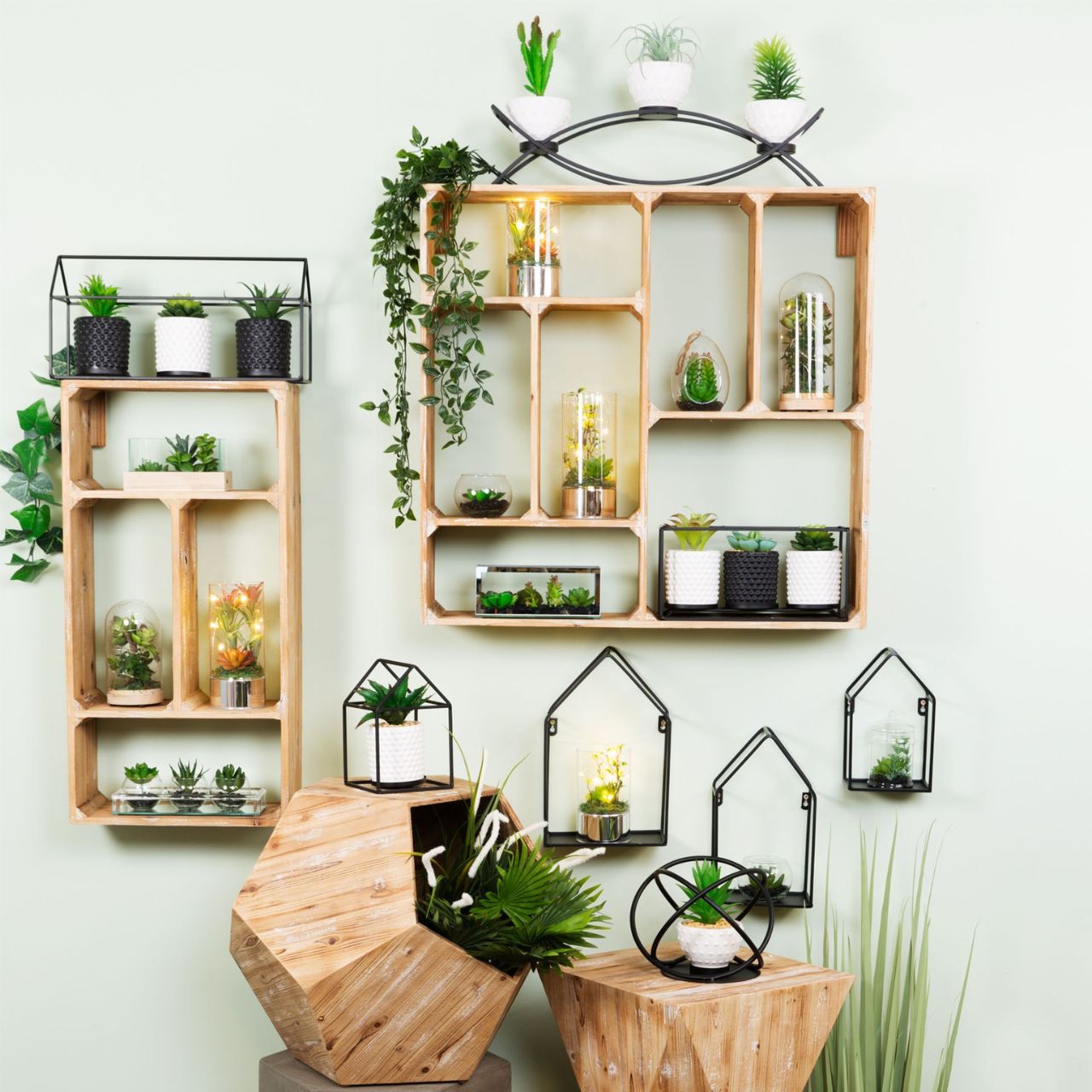 Terrarium with Artificial Succulents & Glass Tube LEDs 15 cm  A beautiful glass terrarium LED light with green artificial succulents. From the Retreat collection by HESTIA - create a haven of soothing minimalism at home.