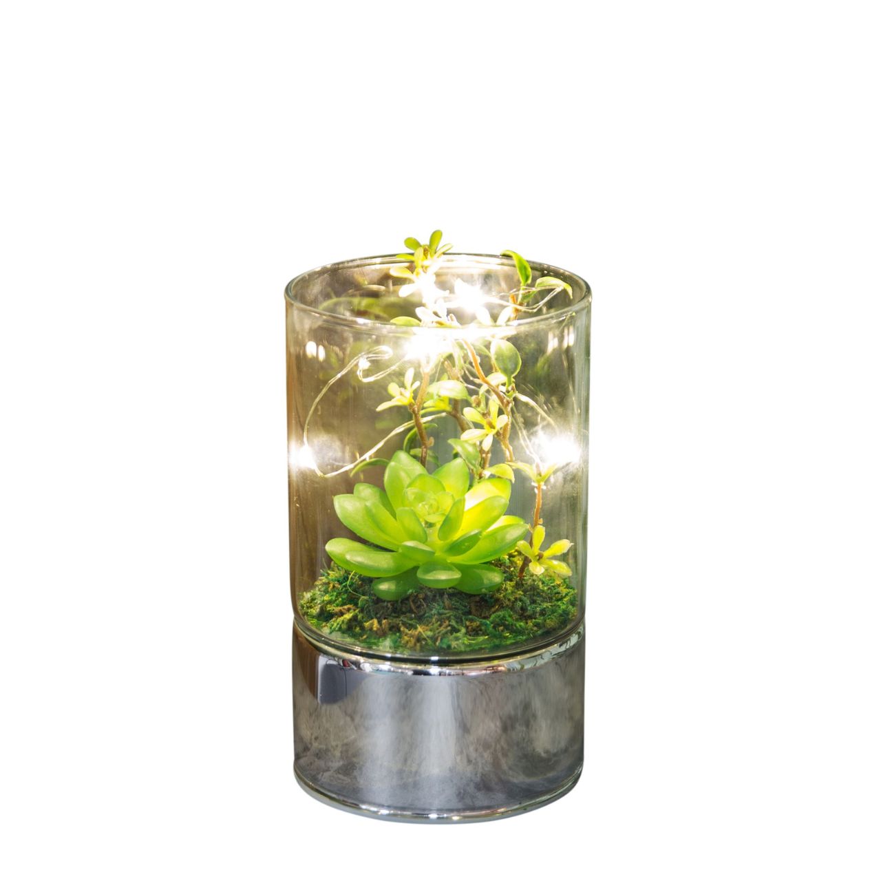 Terrarium with Artificial Succulents & Glass Tube LEDs 15 cm  A beautiful glass terrarium LED light with green artificial succulents. From the Retreat collection by HESTIA - create a haven of soothing minimalism at home.