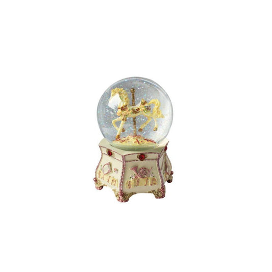 Glitter globe with a horse carousel. The horse inside the globe turns to the melody.