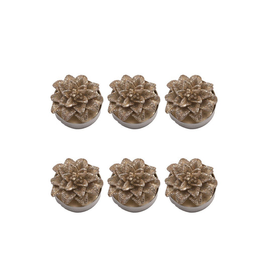 Gold Christmas Poinsettia Tealights Set of 6  A set of 6 gold poinsettia tea lights from THE SEASONAL GIFT CO.  These glittering tea lights are an adorable addition to homes during the festive season.