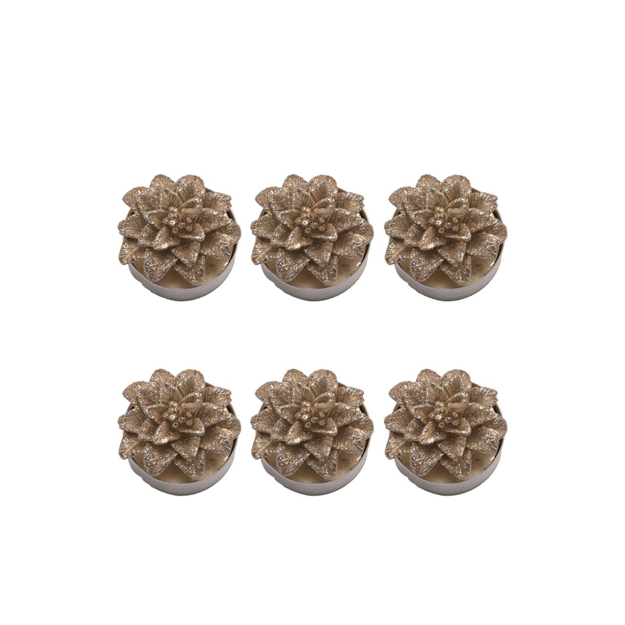 Gold Christmas Poinsettia Tealights Set of 6  A set of 6 gold poinsettia tea lights from THE SEASONAL GIFT CO.  These glittering tea lights are an adorable addition to homes during the festive season.