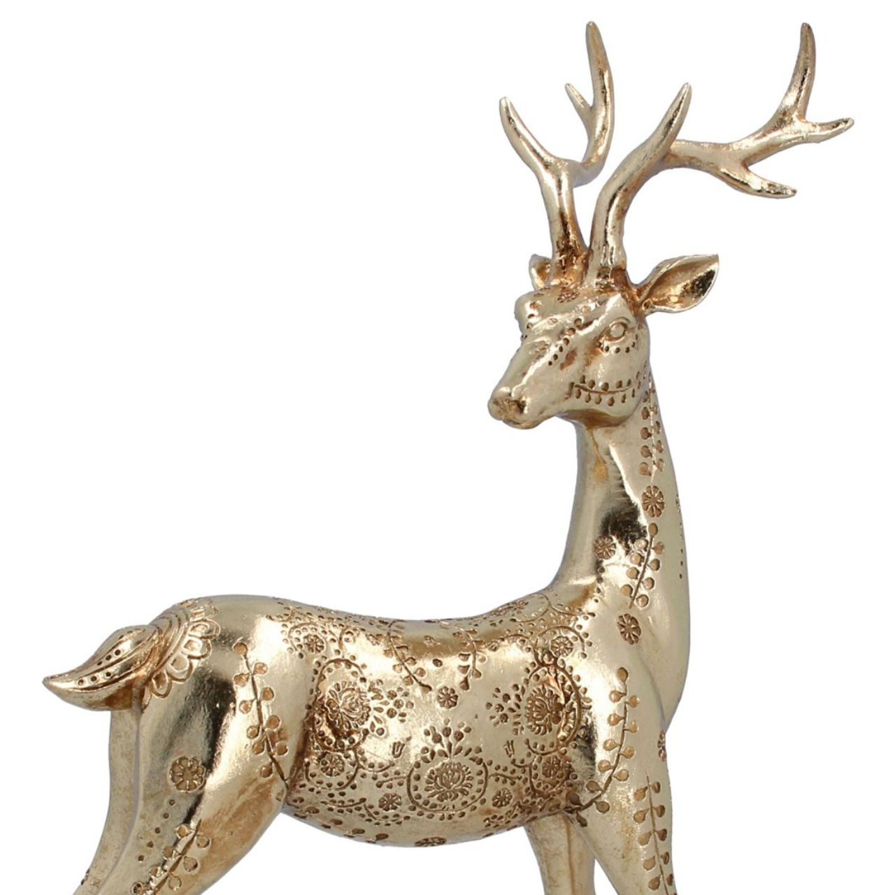 Gold Embossed Resin Standing Stag Christmas Ornament by Gisela Graham  Bring a touch of natural beauty to your holiday decor with this Gold Embossed Standing Stag Christmas Ornament by Gisela Graham. Crafted from resin for durability, this ornament features exquisitely detailed gold embossed patterns that capture the natural grace and beauty of a Stag. An elegant addition to your holiday décor.