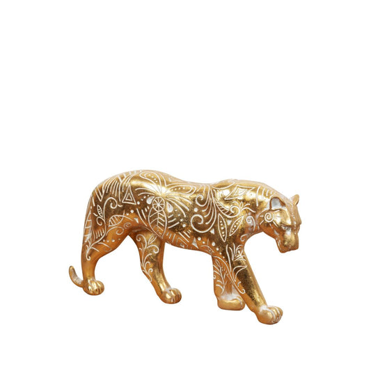 A beautiful gilt carved wood effect big cat ornament with intricate patterns. From the Global Artisan collection