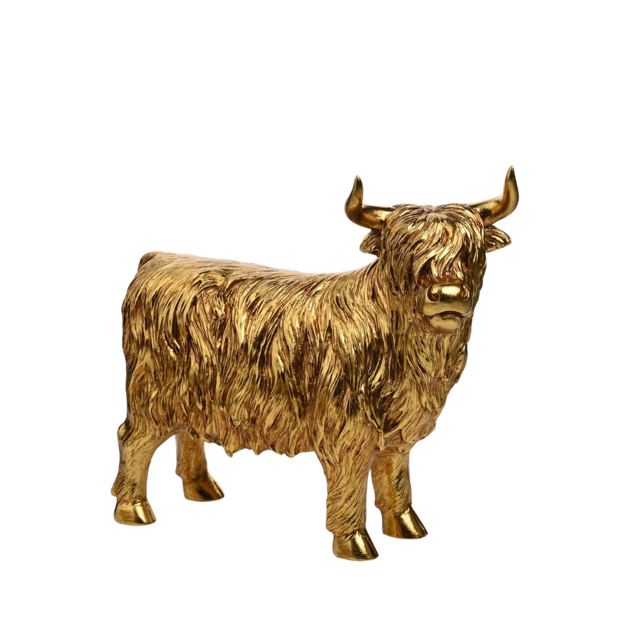 Make a bold statement with the Hestia Gold Highland Cow. This striking figurine features a shaggy highland cow in rich gold tones.