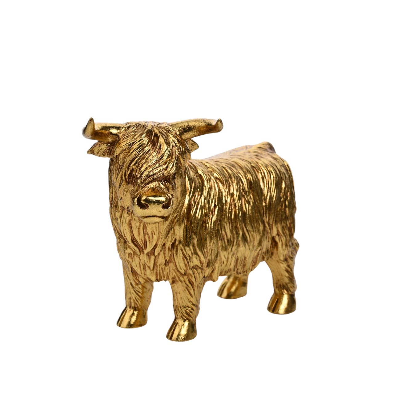 Add a touch of the Scottish Highlands to your decor with the Hestia Gold Highland Cow figurine. Crafted in shimmering gold with a charming shaggy coat, this small ornament delights animal lovers and adds a rustic accent to any shelf, table, or mantlepiece.