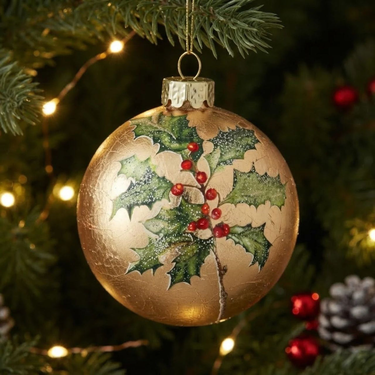 Gisela Graham Gold Leaf with Red Holly Christmas Bauble brings timeless elegance to your festive décor. This hand-finished glass ornament features a luxurious gold leaf background with striking red holly detailing, creating a sophisticated holiday accent that complements any tree or display.