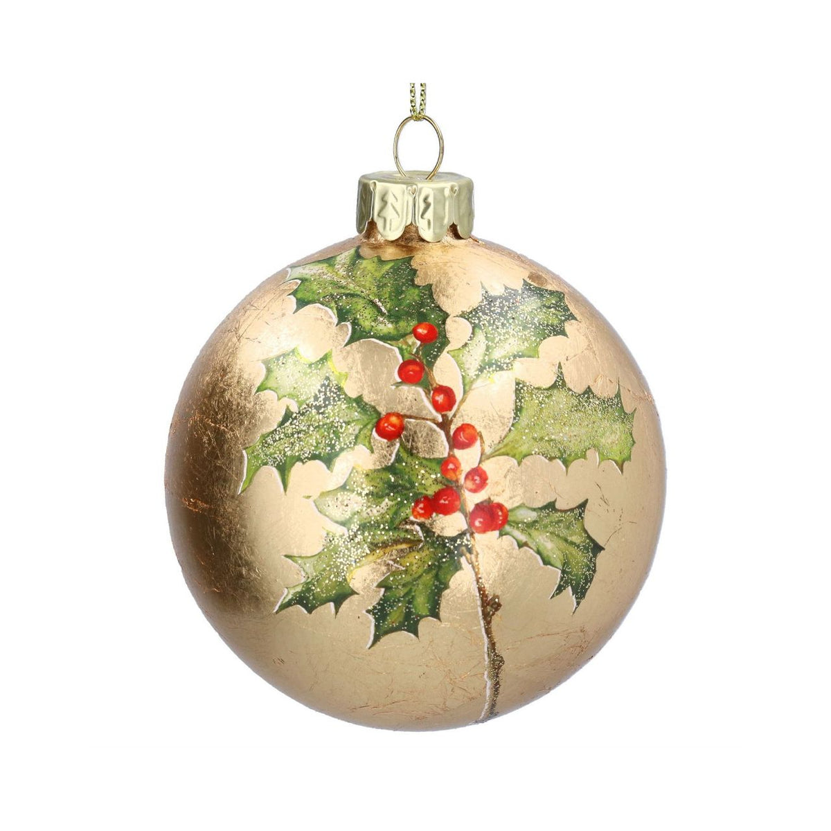 Gisela Graham Gold Leaf with Red Holly Christmas Bauble brings timeless elegance to your festive décor. This hand-finished glass ornament features a luxurious gold leaf background with striking red holly detailing, creating a sophisticated holiday accent that complements any tree or display.