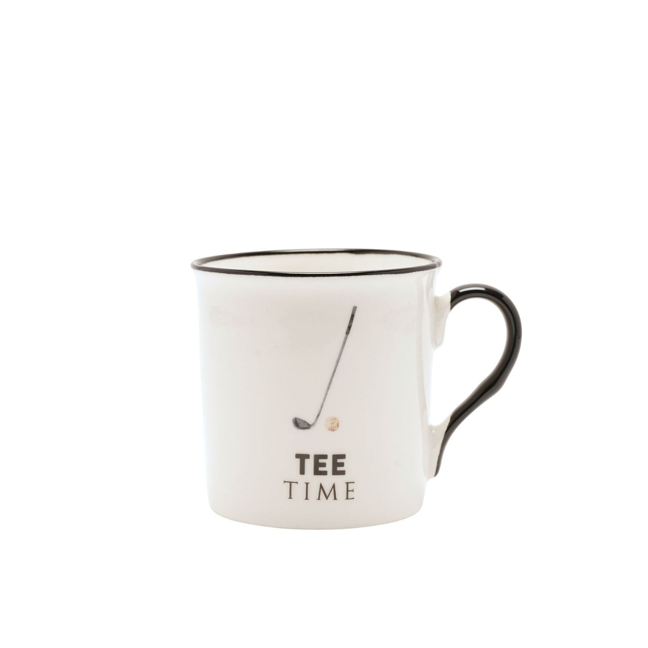 A white ceramic mug with the text "Tee Time" and a golf club icon printed on it.