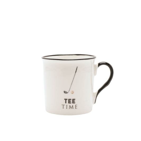 A white ceramic mug with the text "Tee Time" and a golf club icon printed on it.