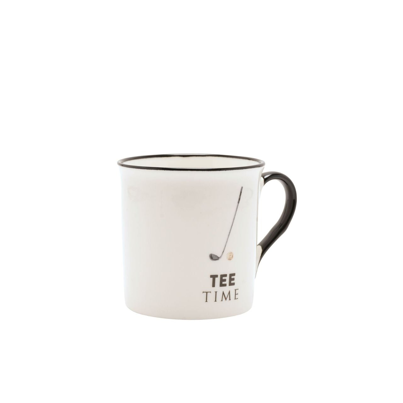 A white ceramic mug with the text "Tee Time" and a golf club icon printed on it.