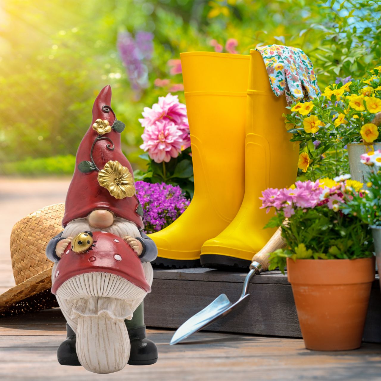 This fun-filled decoration will raise smiles and add character to gardens.  The hand painted resin garden decoration depicts a loveable gonk resting upon a toadstool. It showcases beautiful colouring throughout and offers versatile display options around the garden.