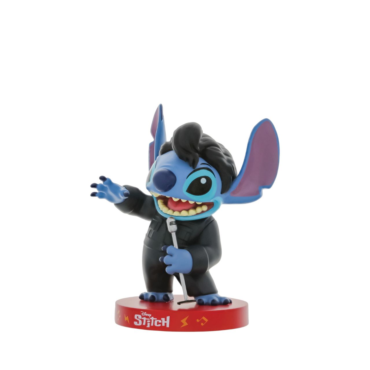 Inspired by Elvis Presley's iconic 1968 comeback special leather suit, Grand Jester Studios presents this vinyl Stitch decked out in black performing into a metallic microphone.