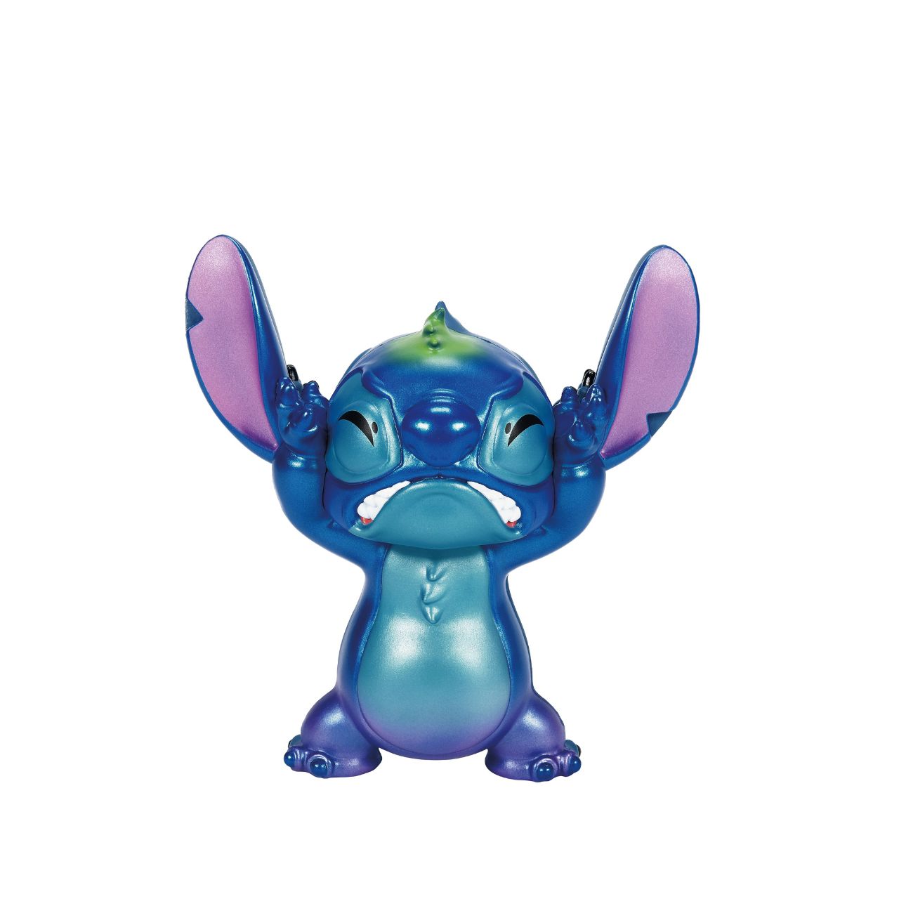 See both sides of Stitch with this double faced figurine. Featuring his happy, mischievous side in his trademark blue, and then on the other, a more pearlescent version of Stitch with a sad face.
