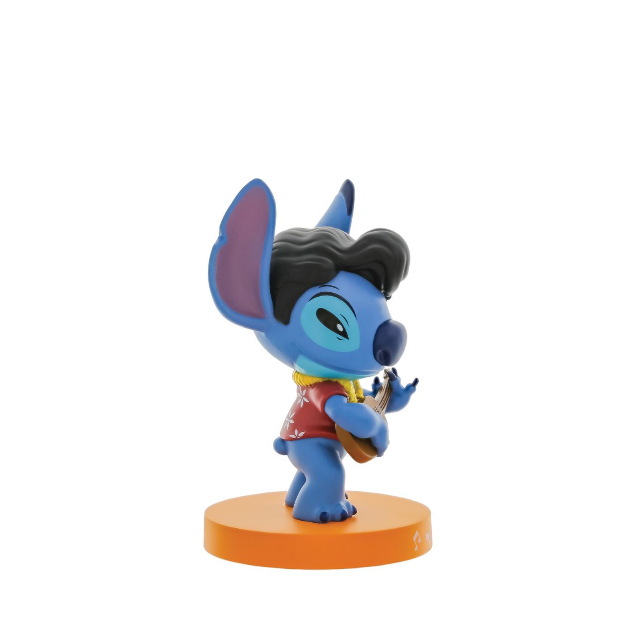 Blue animated character figurine with a guitar on an orange base against a white background