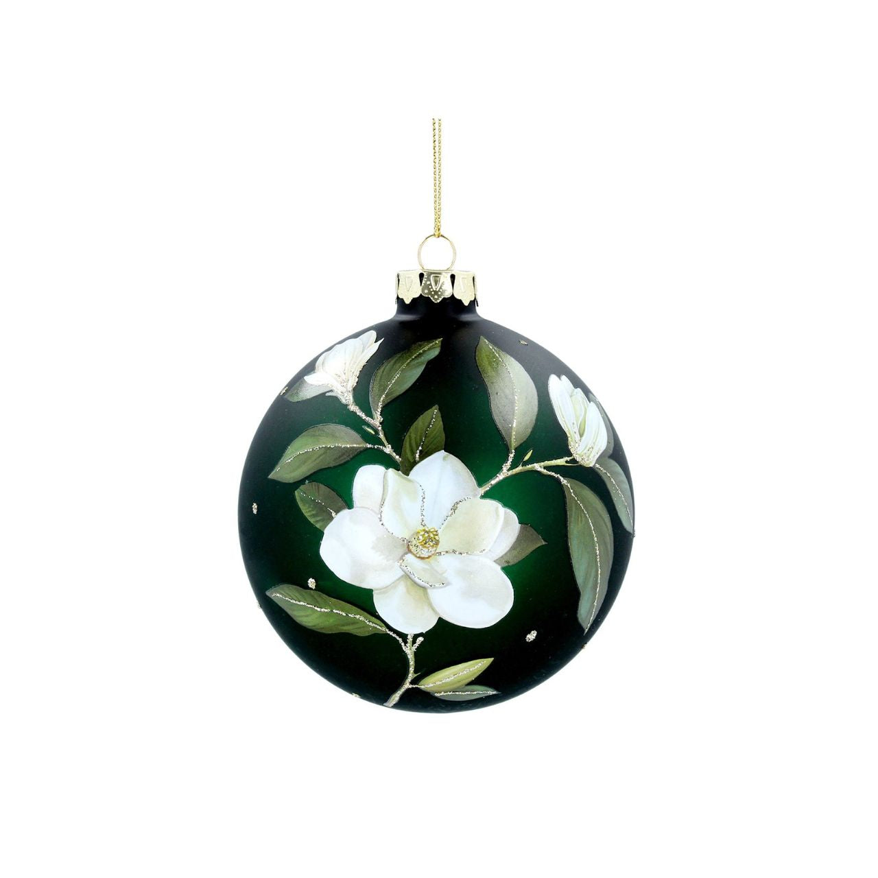 Gisela Graham Green Glass Magnolia Christmas Bauble  This stunning Gisela Graham Green Glass Magnolia Christmas Bauble adds a festive touch to any holiday décor. Decorated with intricate Magnolia details, it is the perfect addition to any Christmas tree.
