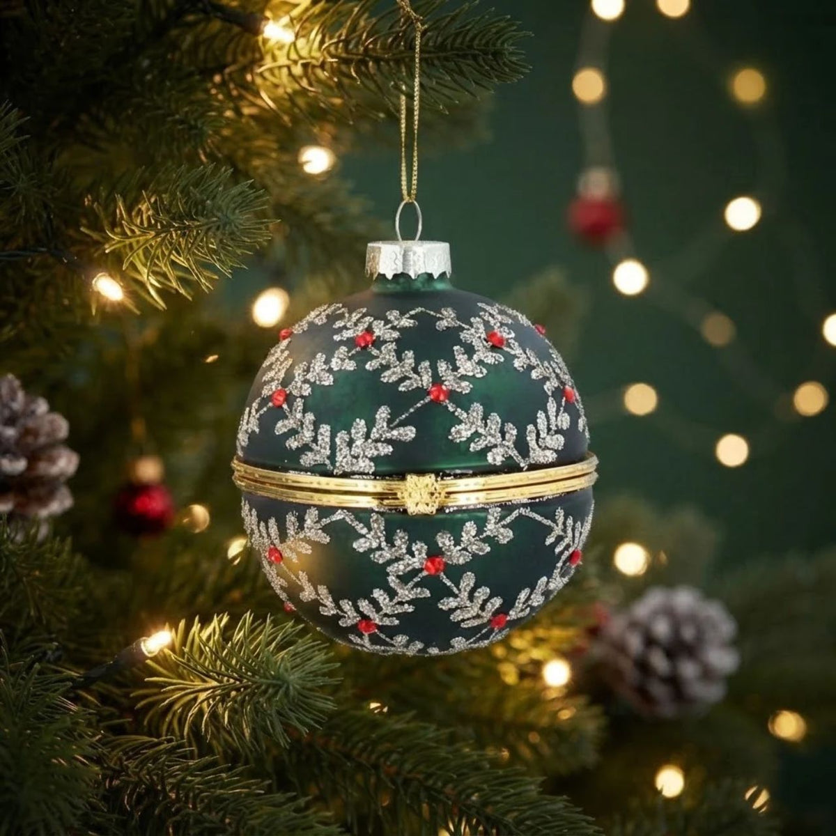 Elevate your Christmas tree with this stunning Gisela Graham Green Glitter Leaf Trellis Container Bauble. Crafted from 100% glass, this elegant ornament features a sophisticated leaf trellis design adorned with shimmering green glitter that catches the light beautifully.