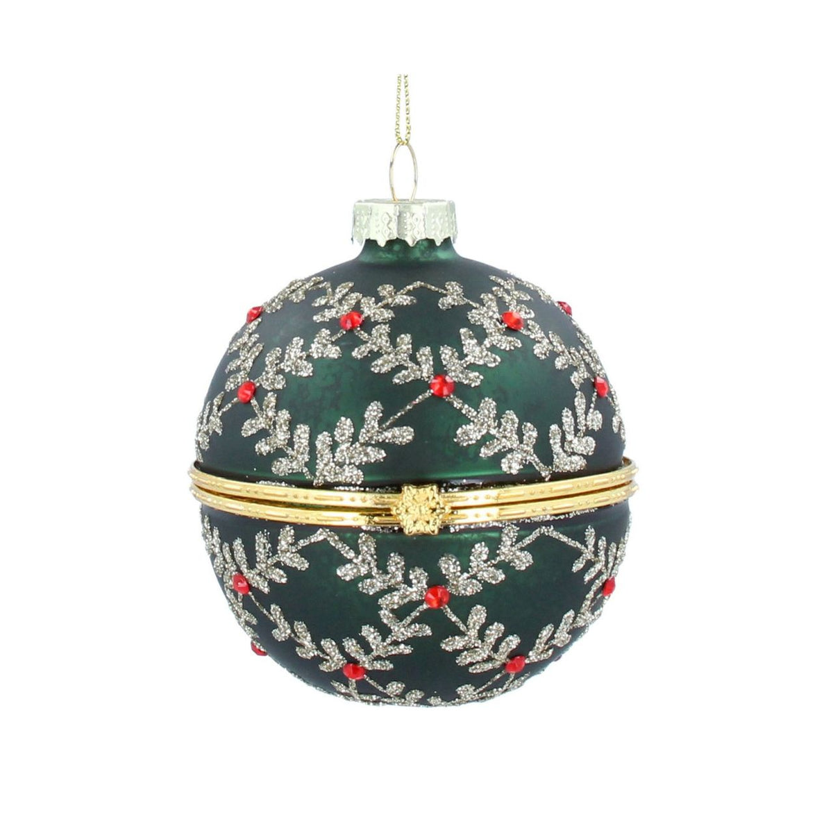 Elevate your Christmas tree with this stunning Gisela Graham Green Glitter Leaf Trellis Container Bauble. Crafted from 100% glass, this elegant ornament features a sophisticated leaf trellis design adorned with shimmering green glitter that catches the light beautifully.