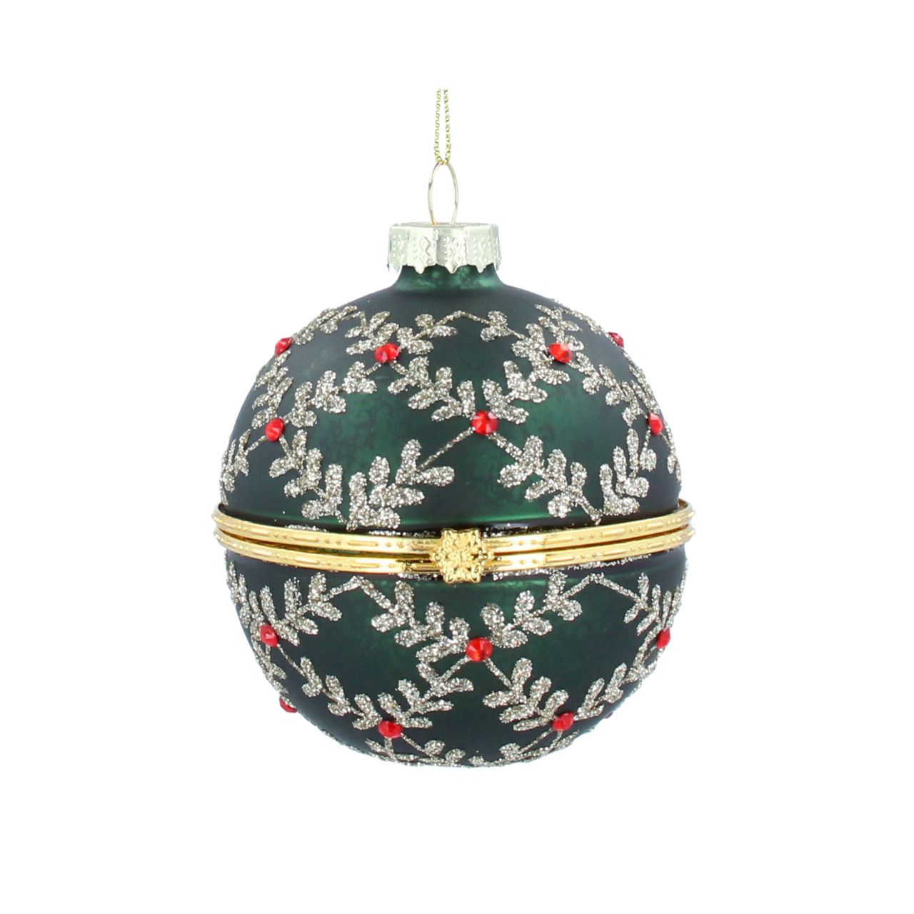 Elevate your holiday décor with this Green & Gold Glitter Leaf Trellis Container Christmas Bauble by Gisela Graham London. Featuring a refined leaf trellis design accented with shimmering green and gold glitter, this bauble adds a touch of elegance and festive sparkle to any Christmas tree or arrangement.