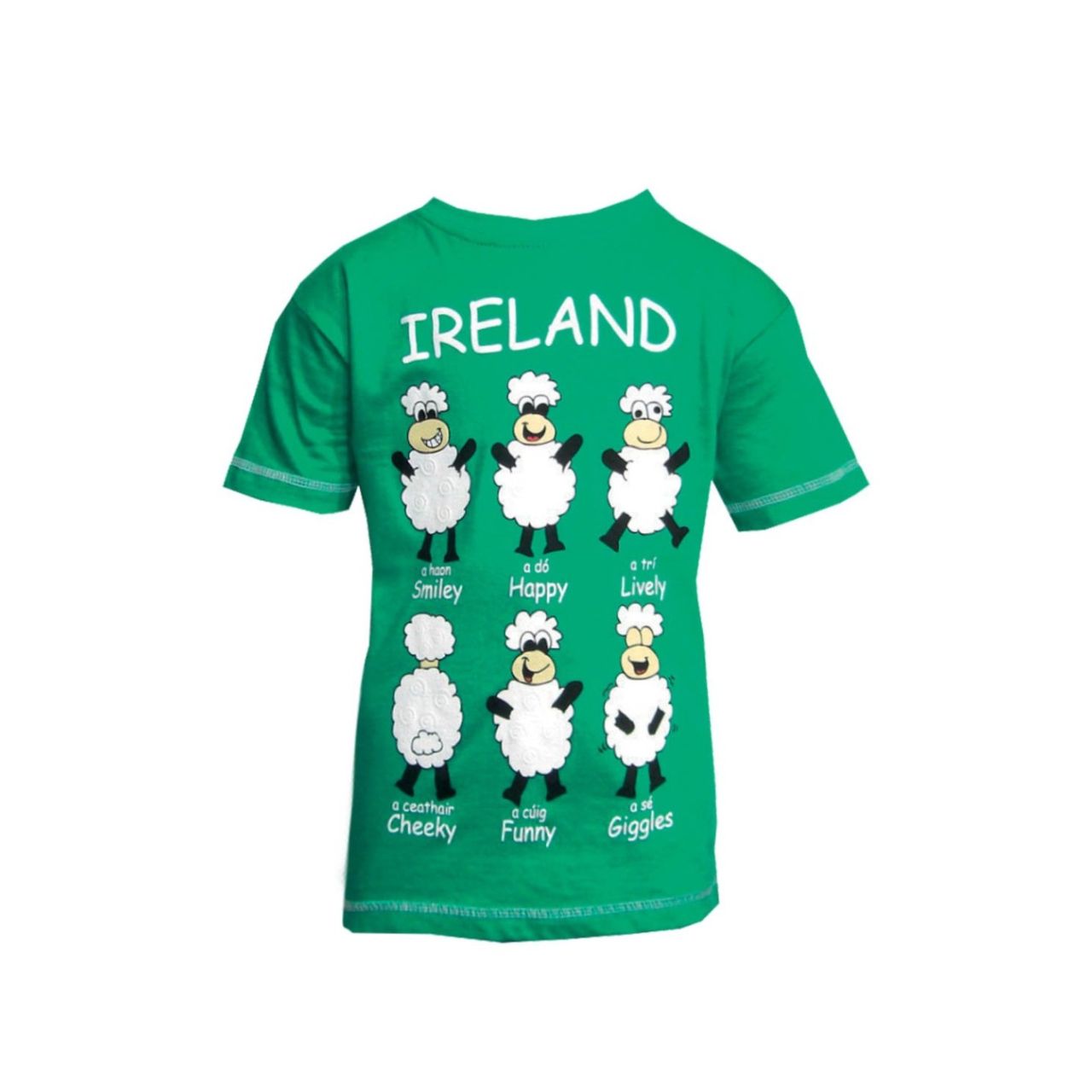 This emerald green cotton kids T-shirt is a part of the Traditional Craft Official Collection. It is a relaxed fit and features various different printed "Happy Sheep".