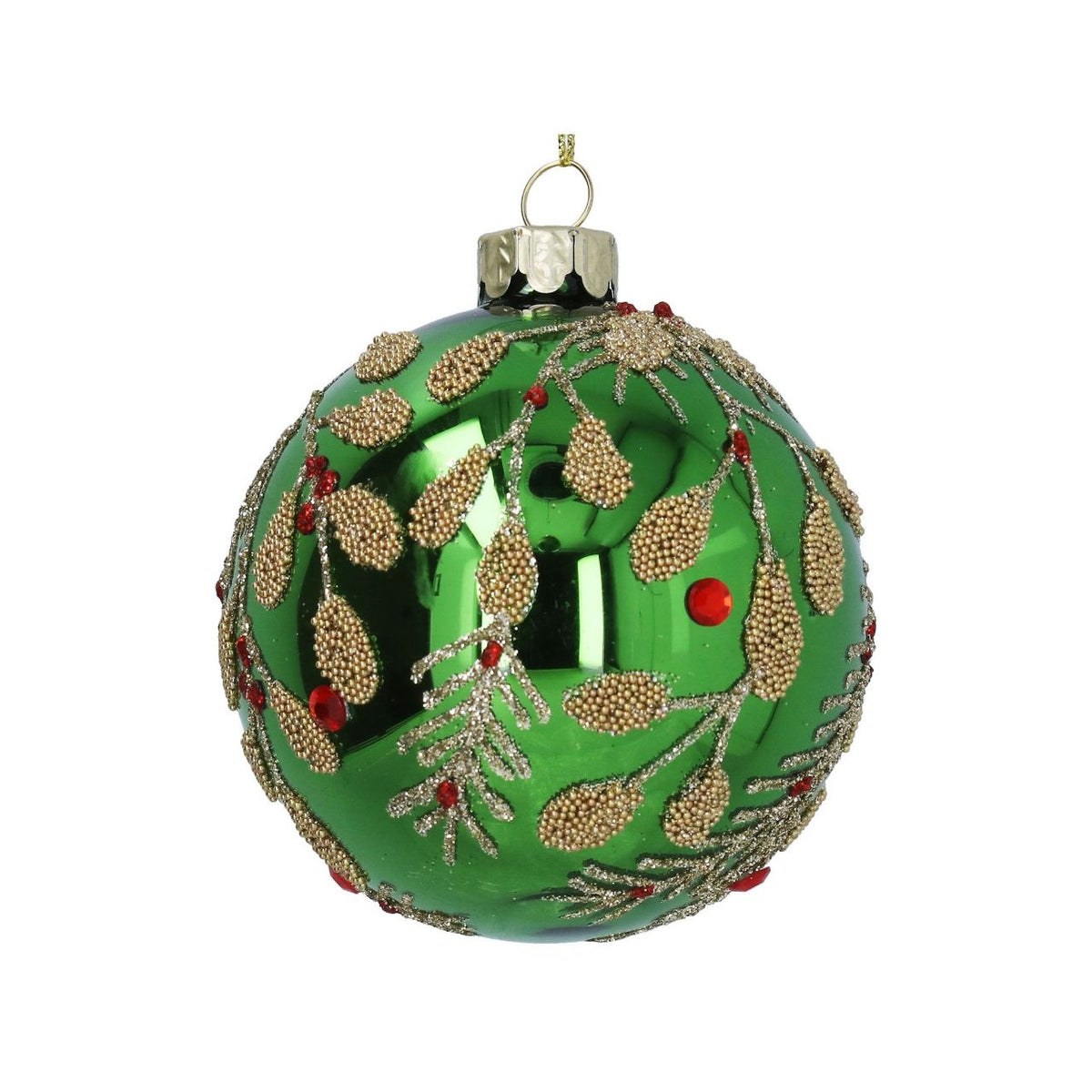 Bring festive elegance to your tree with this stunning Gisela Graham Christmas bauble. Featuring a rich green mirrored finish complemented by delicate beaded gold vine detailing, this ornament captures the essence of sophisticated holiday décor.
