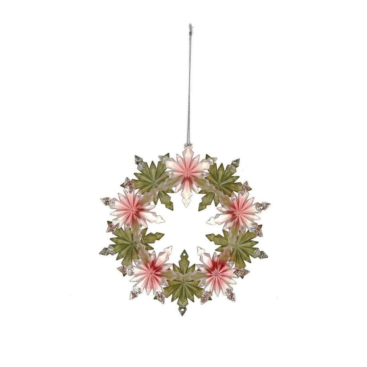 A festive Christmas hanging ornament featuring an elegant snowflake wreath design in rich red and green tones. Standing 5.3" tall, this charming piece brings holiday spirit to any room. Perfect for tree displays, wreaths, or year-round seasonal décor. Available in either red or green to match your festive palette.