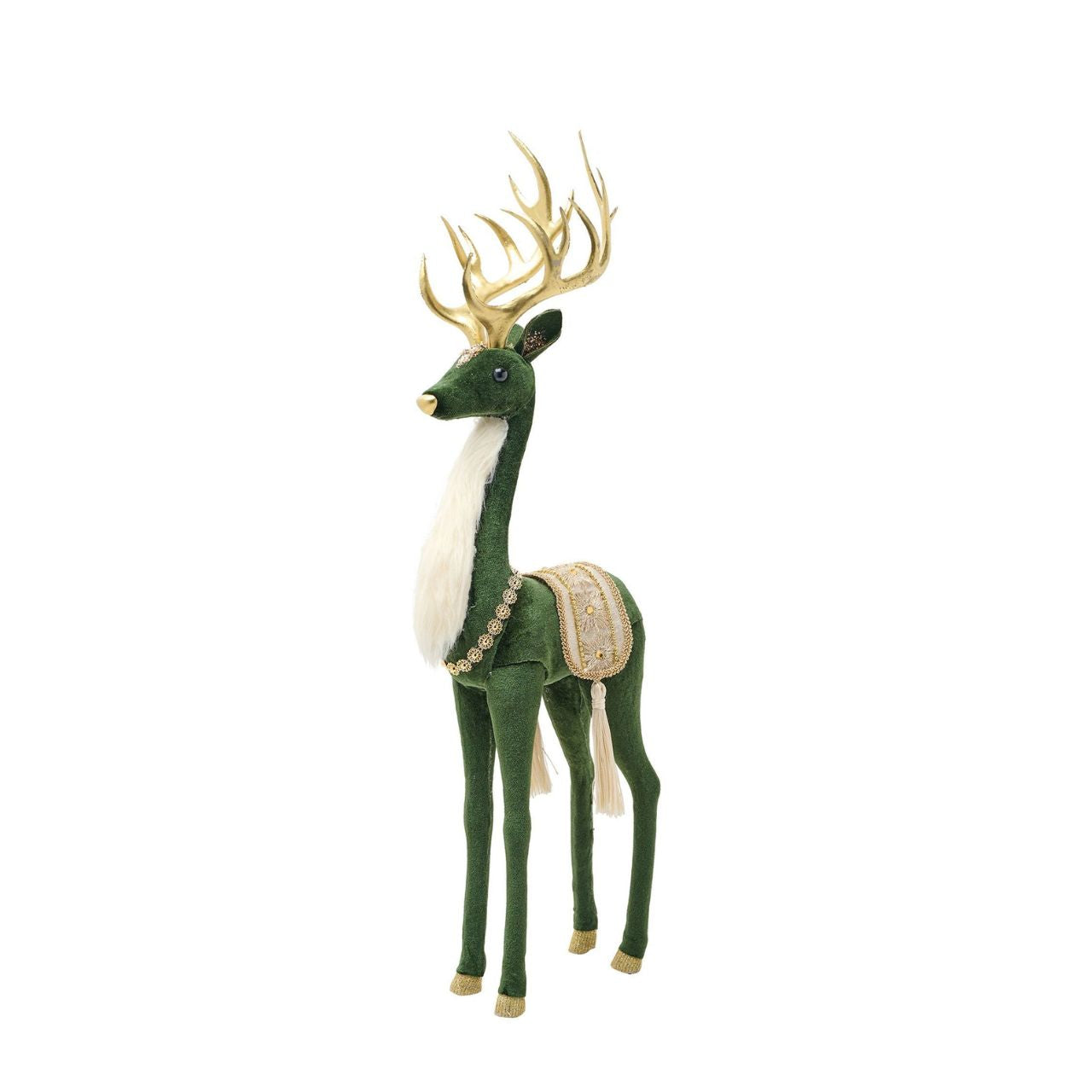 Green Velvet Standing Deer. Bring some festive cheer into the home this winter with this adorable cosy deer figurine. This green and white deer is dressed to impress. With gentle eyes and perky antlers, this peaceful deer will stand out as a beautiful item.