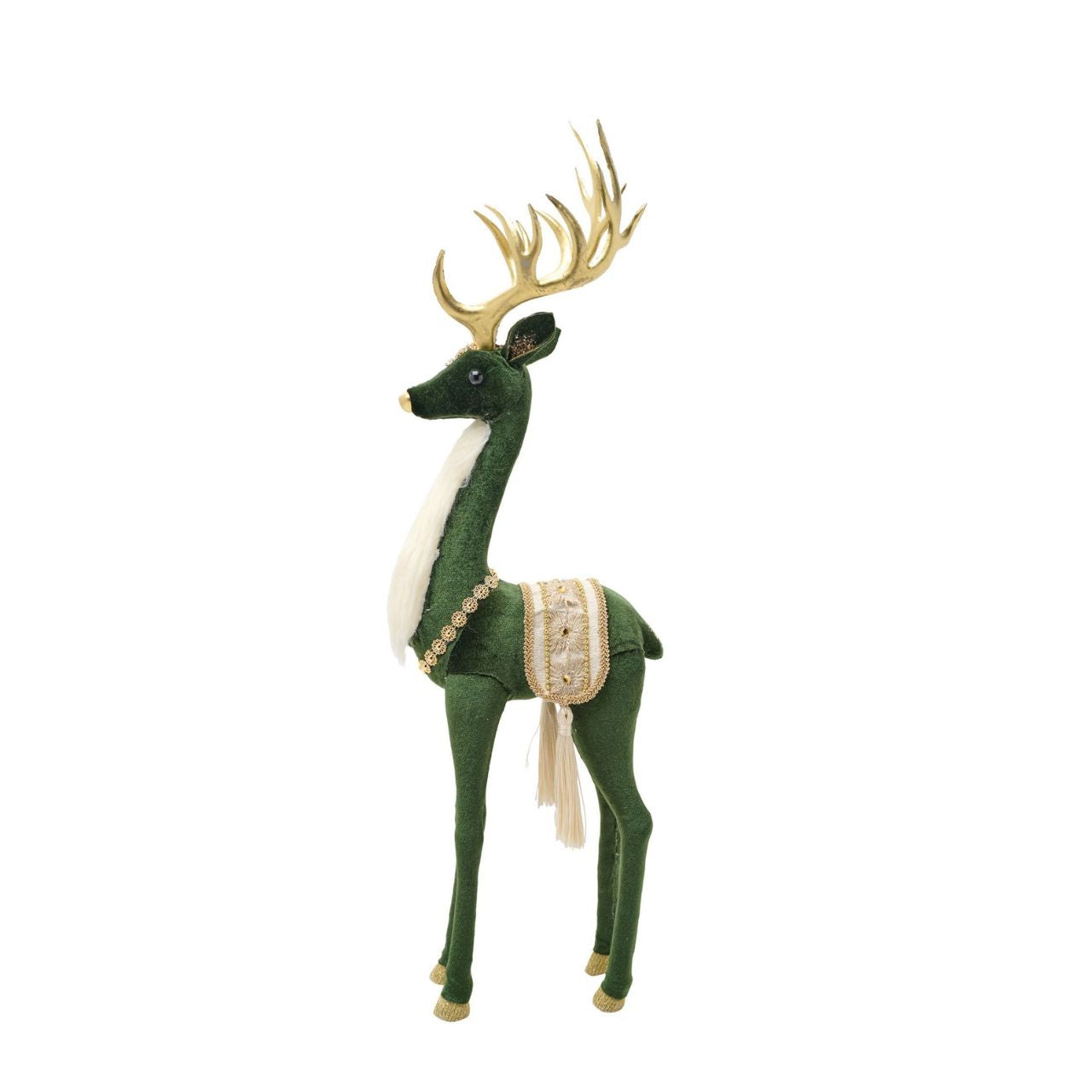 Green Velvet Standing Deer. Bring some festive cheer into the home this winter with this adorable cosy deer figurine. This green and white deer is dressed to impress. With gentle eyes and perky antlers, this peaceful deer will stand out as a beautiful item.