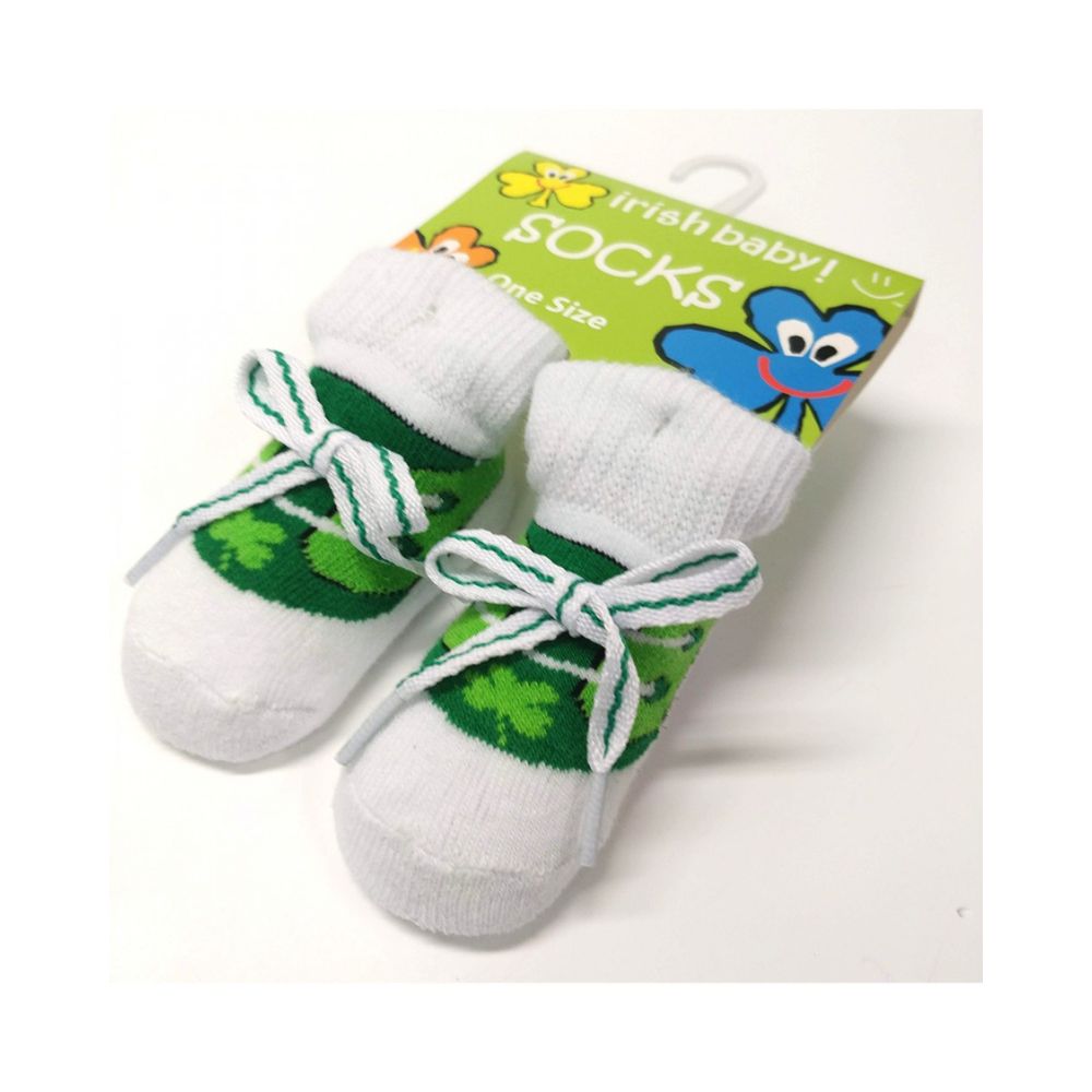 Green And White Baby New-Born Booties  These green and white baby booties are part of the Traditional Craft Official Collection. They feature jacquard print shamrocks and actual laces to look super cute on any new-born.