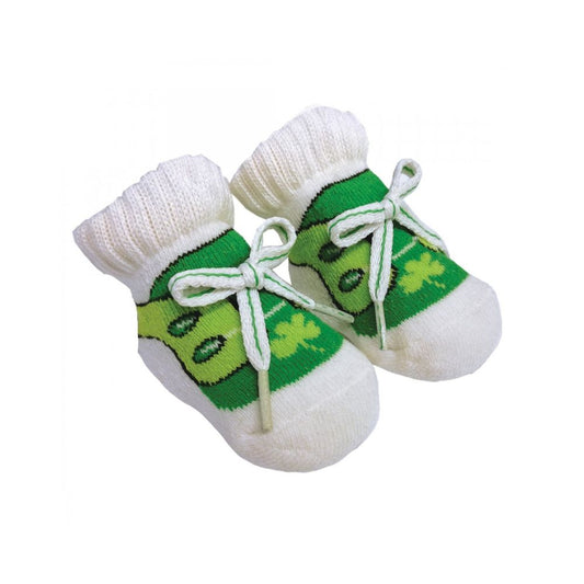 Green And White Baby New-Born Booties  These green and white baby booties are part of the Traditional Craft Official Collection. They feature jacquard print shamrocks and actual laces to look super cute on any new-born.