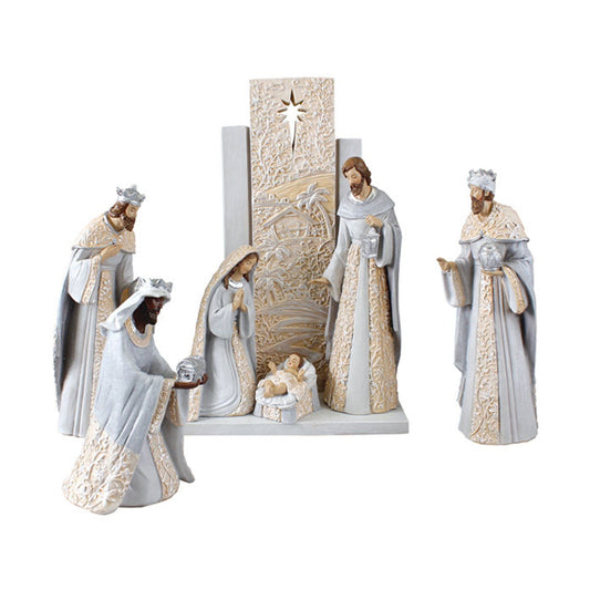 Resin Grey &amp; Gold Nativity Set 6 Pieces 9 1/2 inch with Back Drop