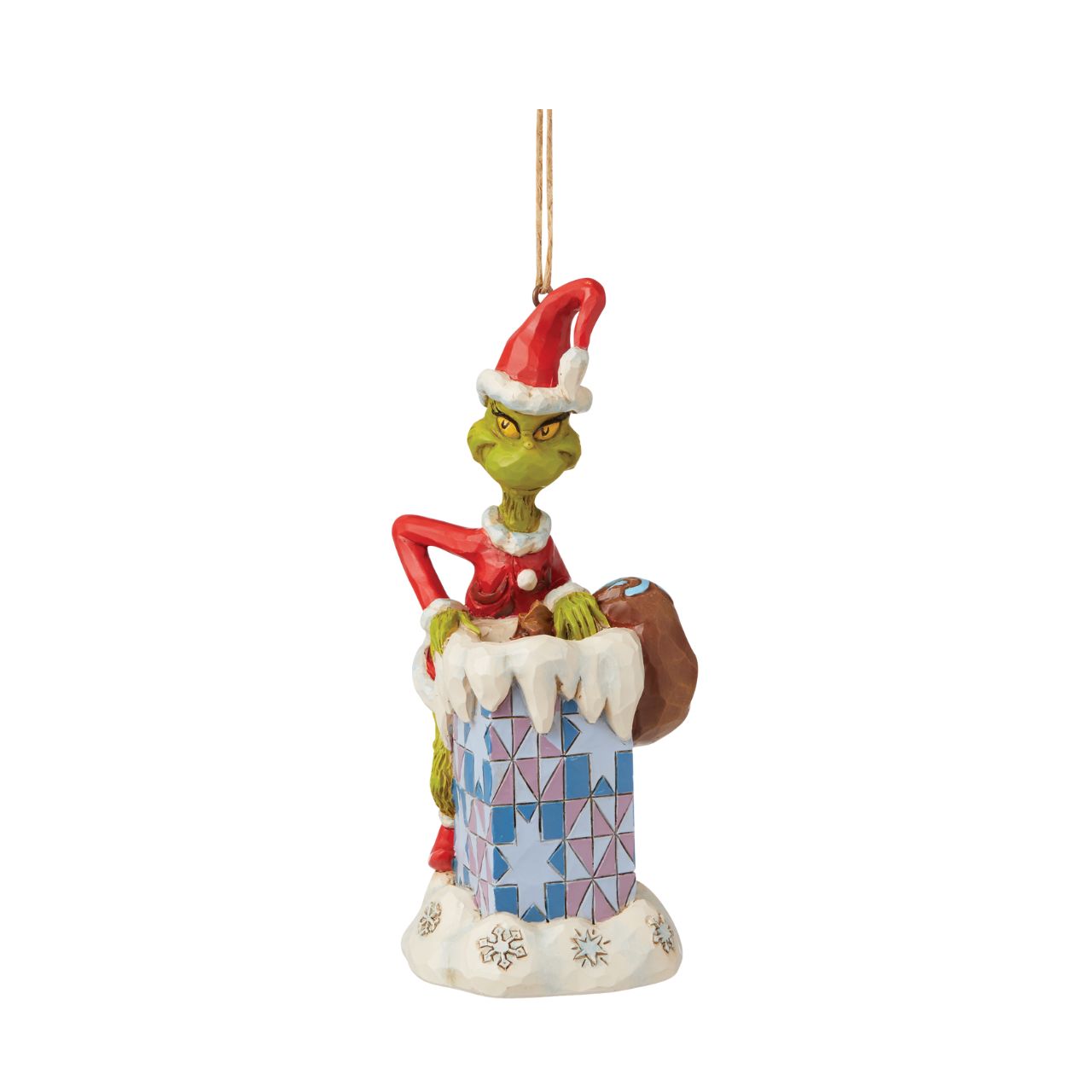 Grinch Climbing in Chimney Christmas Hanging Ornament  Marrying two beloved holiday figures, Jim Shore creates an ornament that captures the Grinch in all his glory. With holly brimmed in his Santa hat, no one dares kiss this Christmas Nutcracker for fear of being cracked across the face.